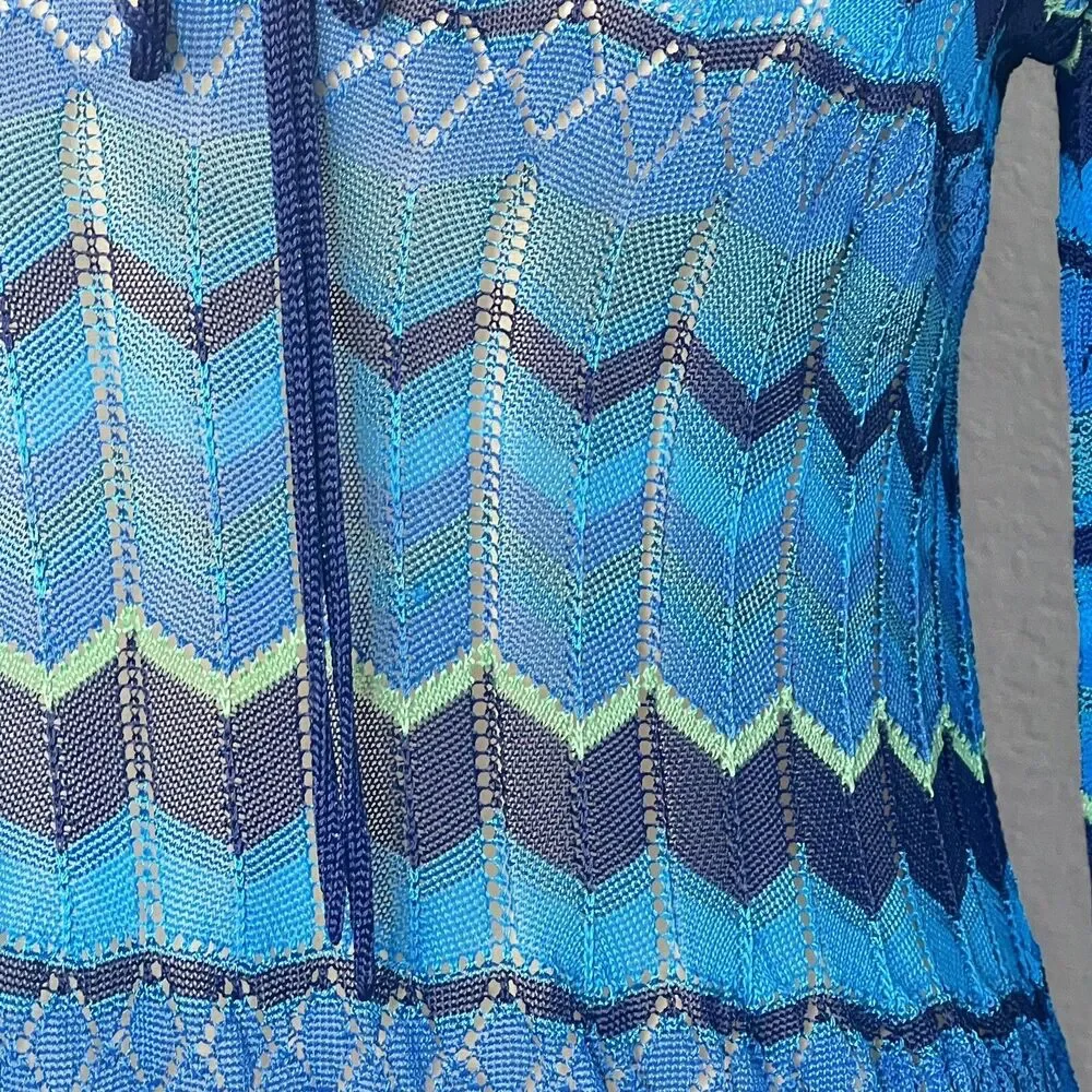 Sigrid Olsen Blue Multicolored Chevron Open Knit Top Sz S Scoop Neck w Accents - Picture 2 of 9